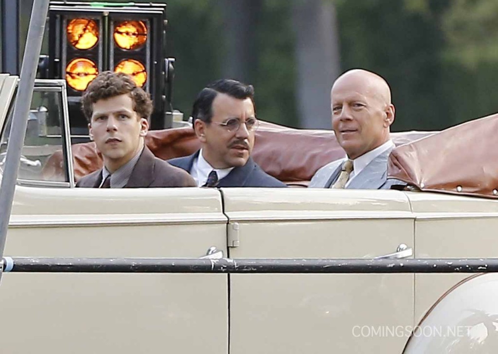 Exclusive... 51830160 Actors Jesse Eisenberg and Bruce Willis are spotted filming scenes in a classic car for an Untitled Woody Allen Project in Beverly Hills, California on August 21, 2015. This is the first time Allen has filmed a movie in Los Angeles since 1977's 'Annie Hall.' FameFlynet, Inc - Beverly Hills, CA, USA - +1 (818) 307-4813
